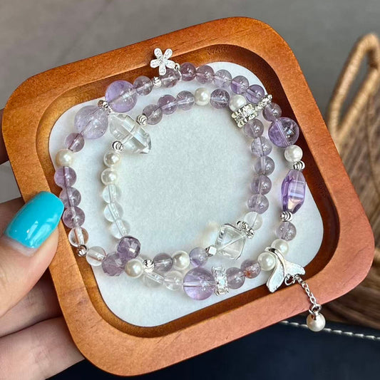 Double Wrap - Bolivian Amethyst & Pearl with Clear Quartz Accents (CU03)