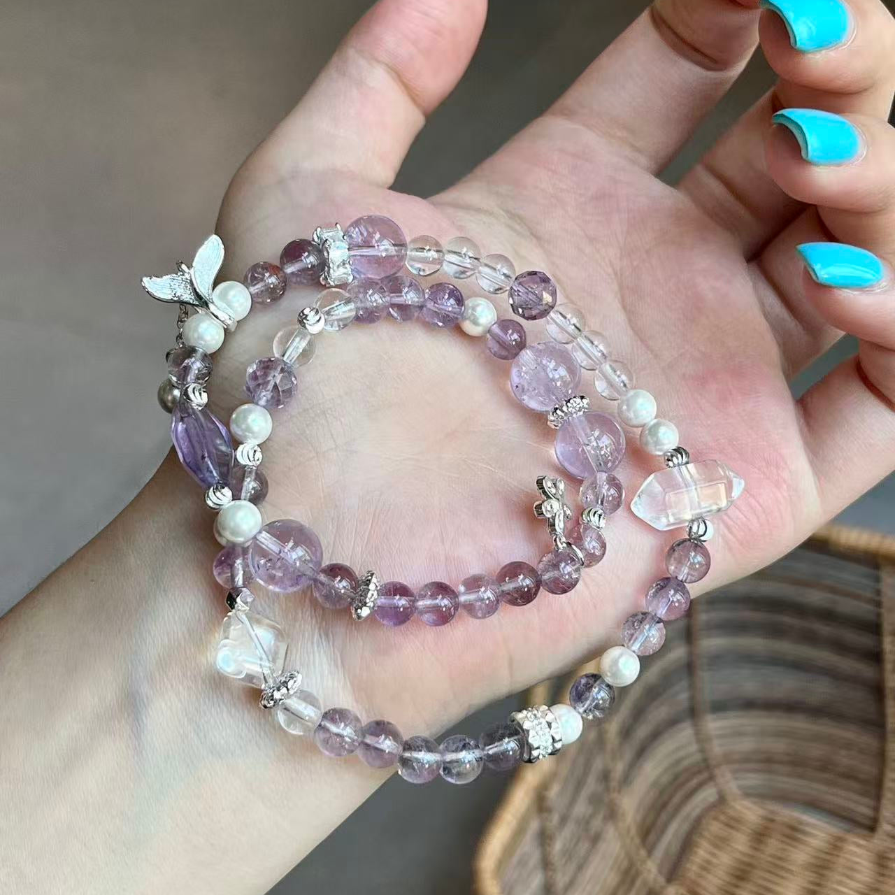 Double Wrap - Bolivian Amethyst & Pearl with Clear Quartz Accents (CU03)