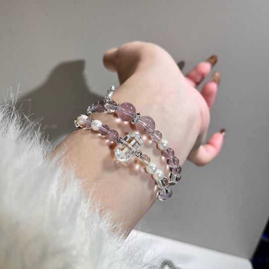 Double Wrap - Bolivian Amethyst & Pearl with Clear Quartz Accents (CU03)