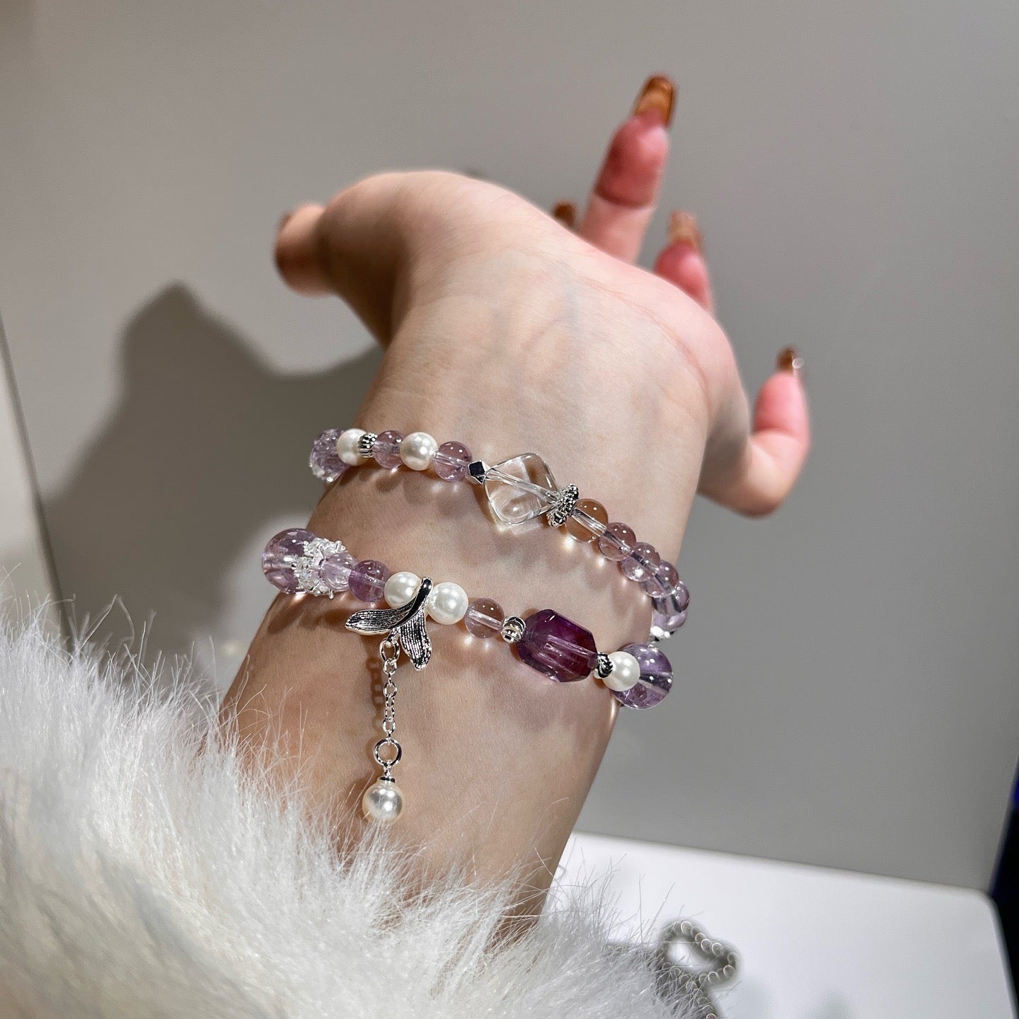 Double Wrap - Bolivian Amethyst & Pearl with Clear Quartz Accents (CU03)