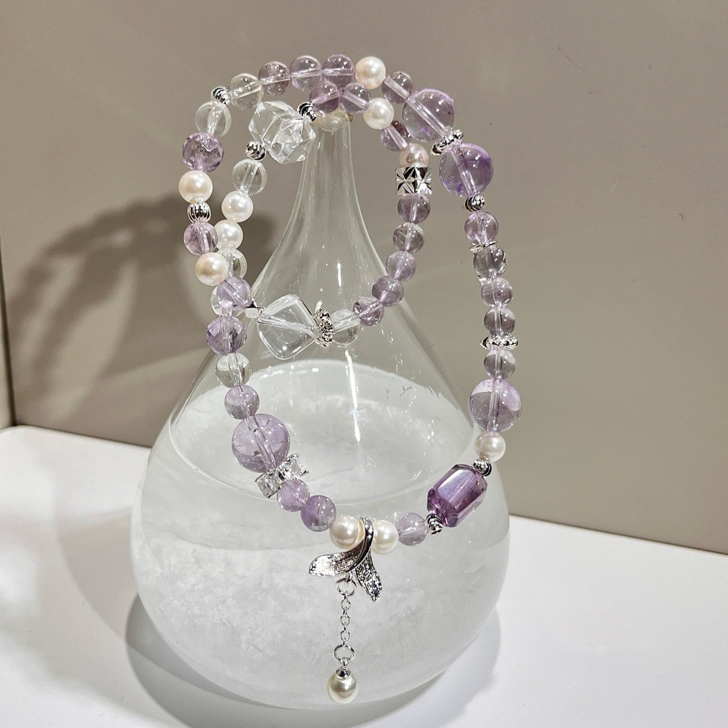 Double Wrap - Bolivian Amethyst & Pearl with Clear Quartz Accents (CU03)