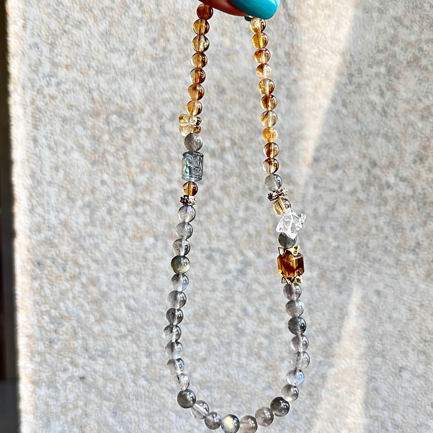 Double Wrap-Citrine Tower & Gray Moonstone & Clear Quartz  (CU01)