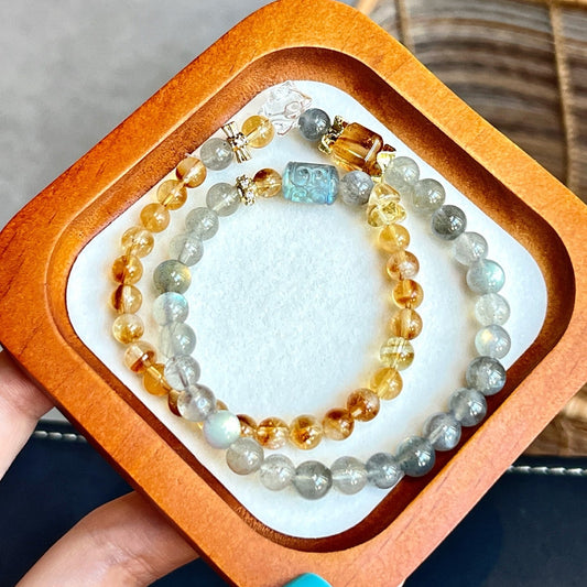Double Wrap-Citrine Tower & Gray Moonstone & Clear Quartz  (CU01)
