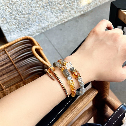 Double Wrap-Citrine Tower & Gray Moonstone & Clear Quartz  (CU01)